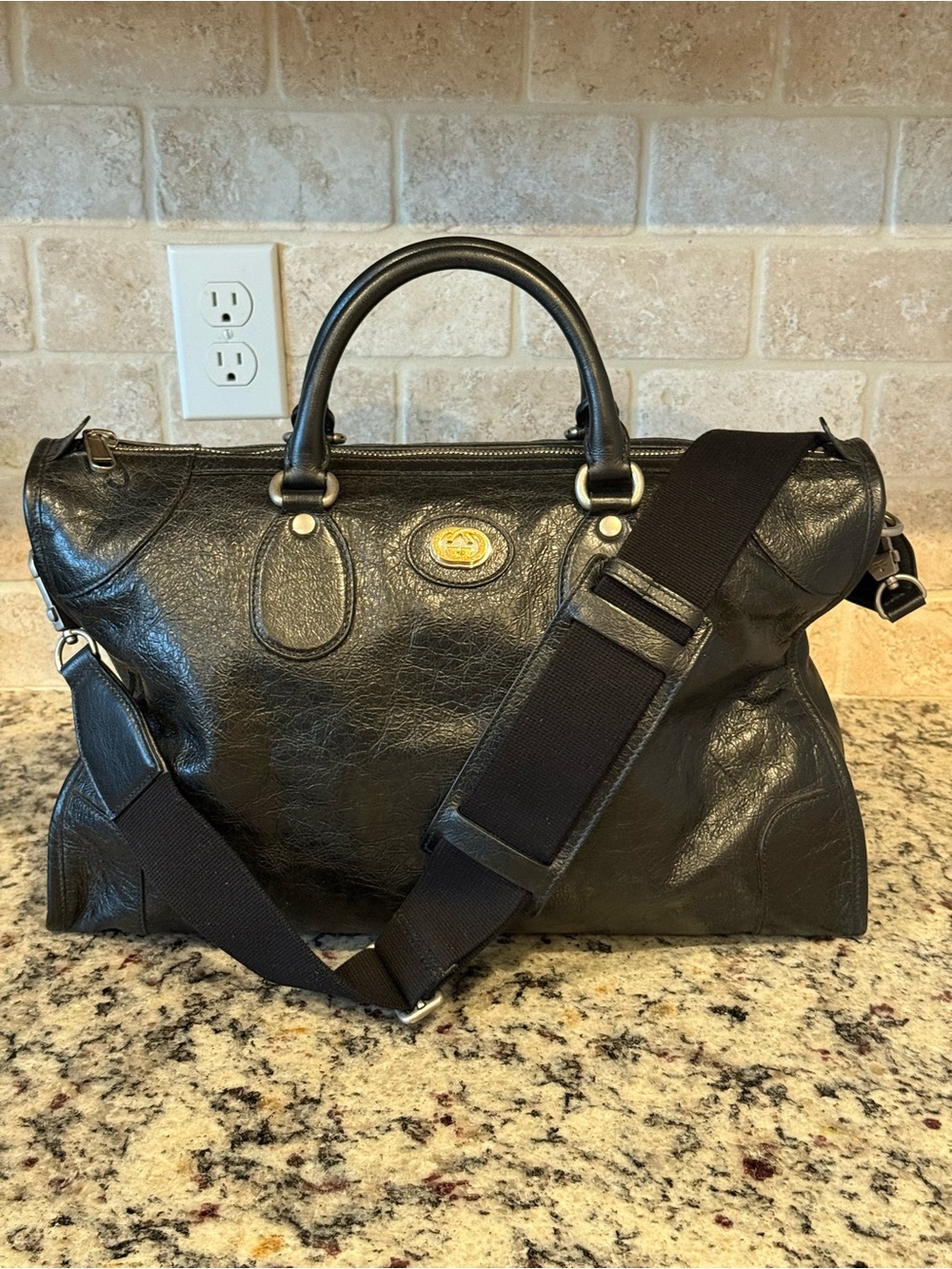 Gucci Black Leather Weekender Duffel Bag with Gold-Tone Logo